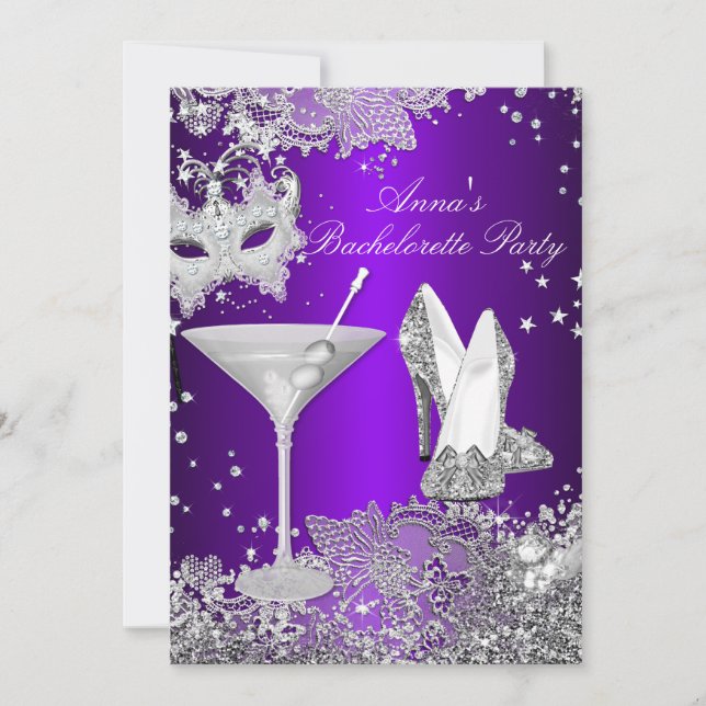 Purple Mask & Jewel Lace Bachelorette Party Invitation (Front)