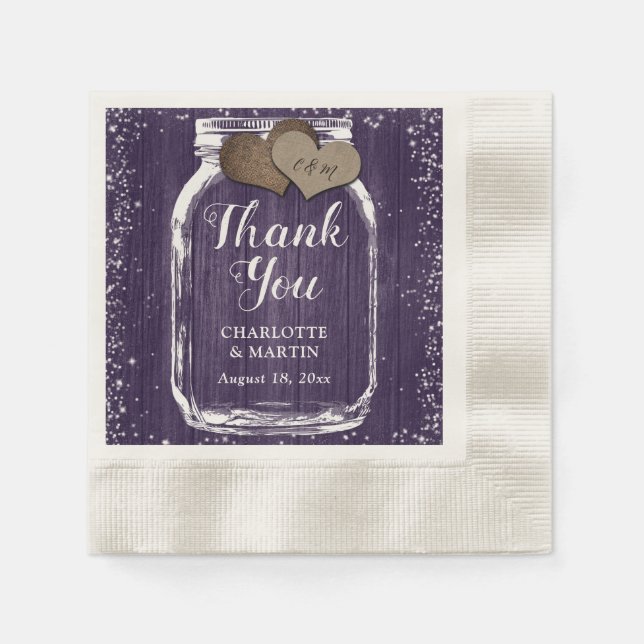 Purple Mason Jar Rustic Wood Thank You Wedding Napkin (Front)