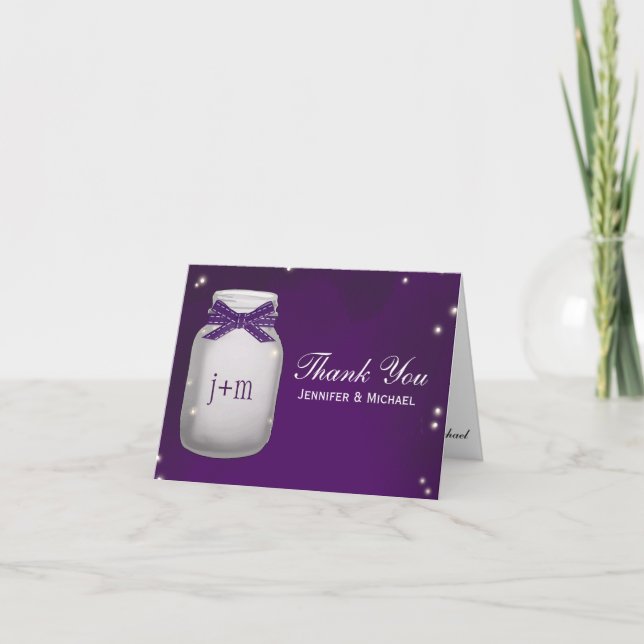 Purple Mason Jar with Fireflies Wedding Thank You Card (Front)
