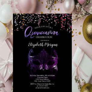 Purple Masque,Confetti Masquerade Quinceañera   Invitation
