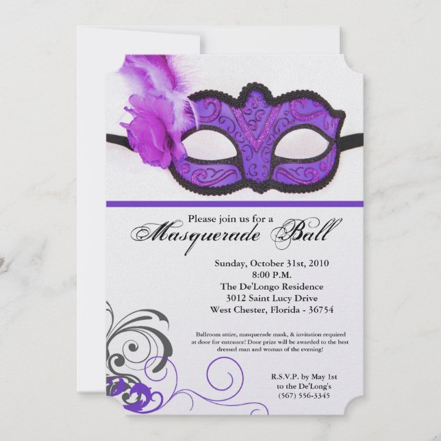 Purple Masquerade Ball Mask Costume Halloween Part Invitation (Front)