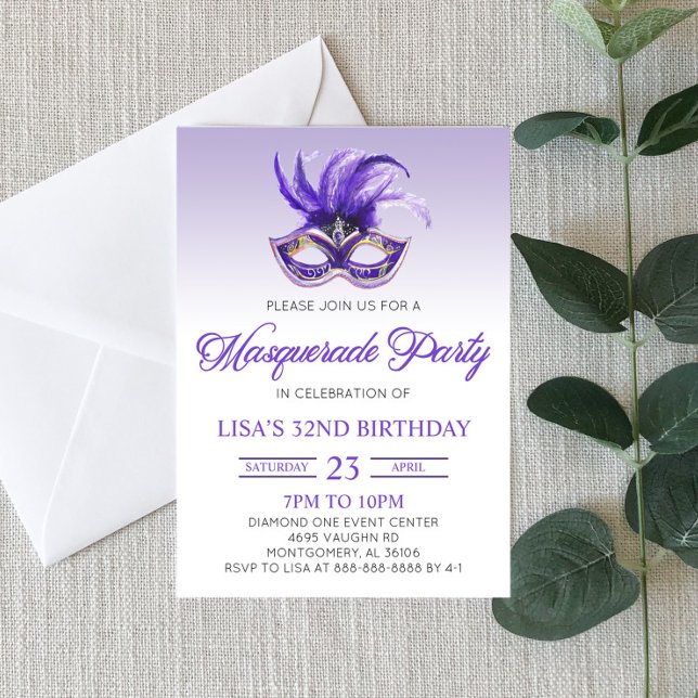 Purple Masquerade Ball Party Mardi Gras Birthday Invitation (Creator Uploaded)