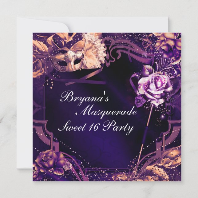 Purple Masquerade Mask & Rose Elegant Invitations (Front)