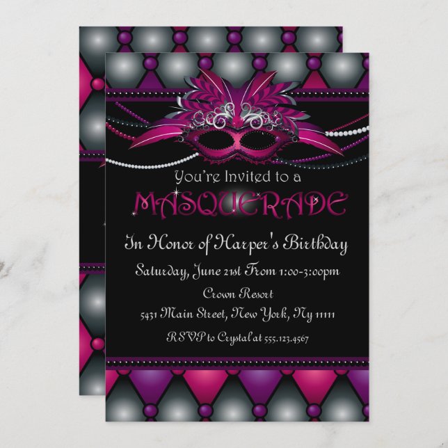 Purple Masquerade Party Invitations (Front/Back)