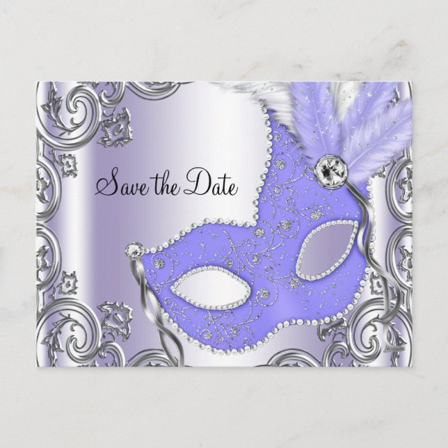 Purple Masquerade Save The Date Announcement Postcard (Front)