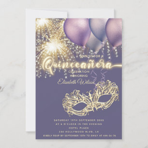 Purple Masquerade sparkling firework  Quinceañera  Invitation