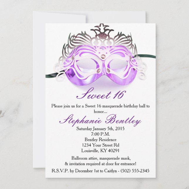 Purple Masquerade Sweet 16 Birthday Invitation (Front)