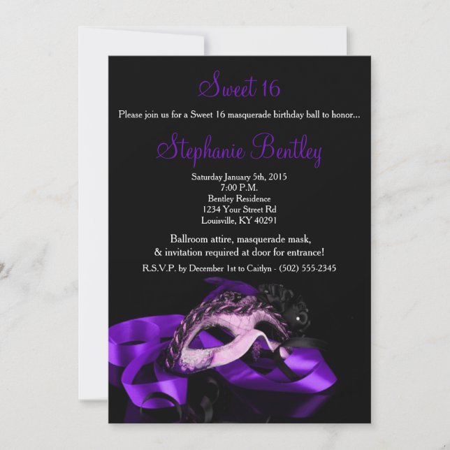 Purple Masquerade Sweet 16 Birthday Invitation (Front)