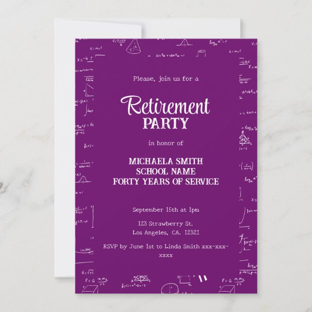 Purple Math Teacher Retirement Party Invitation (Front)