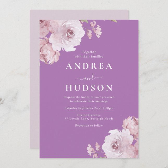 Purple & Mauve Dusty Rose Wedding Invitation (Front/Back)