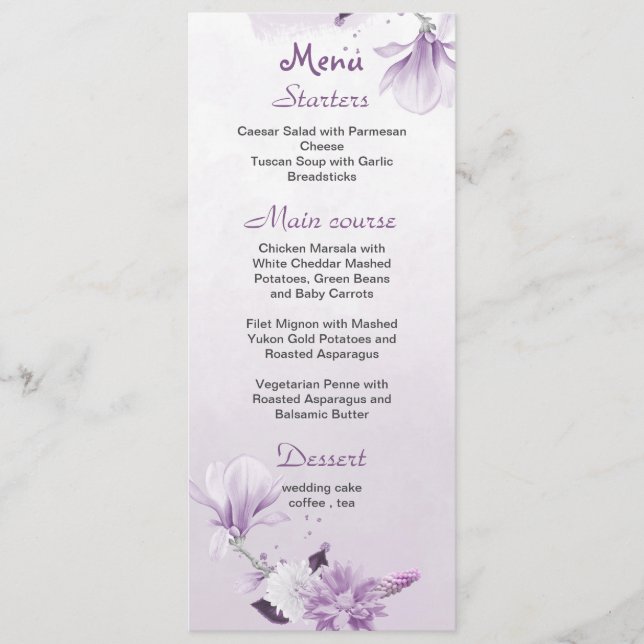 purple mauve flowers botanical wedding menu (Front)