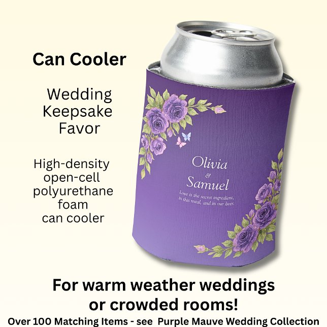 Purple Mauve Flowers & White Wedding  Can Cooler (Creator Uploaded)