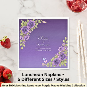 Purple Mauve Flowers & White Wedding  Luncheon Napkin
