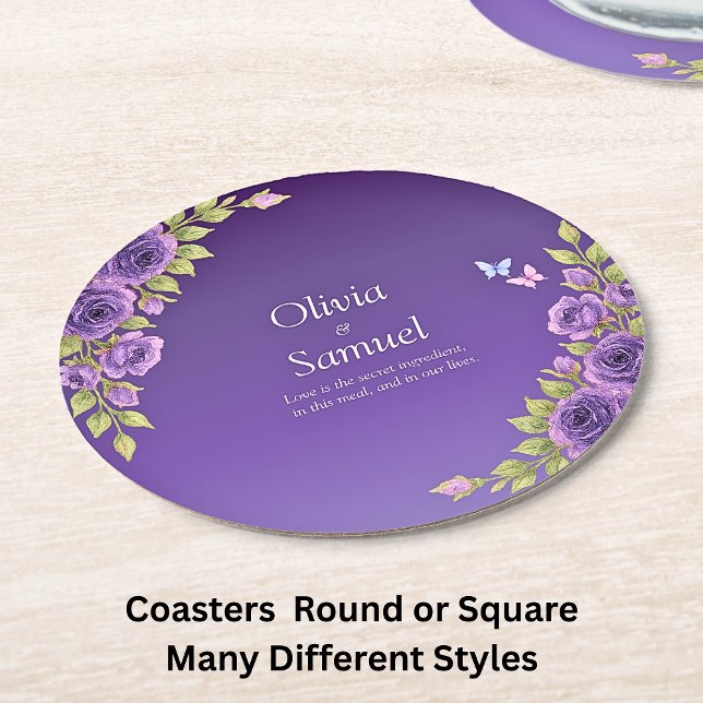 Purple Mauve Flowers & White Wedding   Round Paper Coaster (Creator Uploaded)