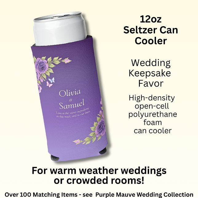 Purple Mauve Flowers & White Wedding  Seltzer Can Cooler (Creator Uploaded)