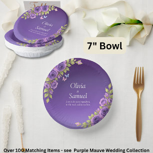 Purple Mauve Flowers & White Wedding Suite 7" Paper Plate