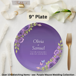 Purple Mauve Flowers & White Wedding Suite  9" Paper Plate