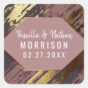 Purple Mauve Gold Brushstrokes Modern Wedding Square Sticker