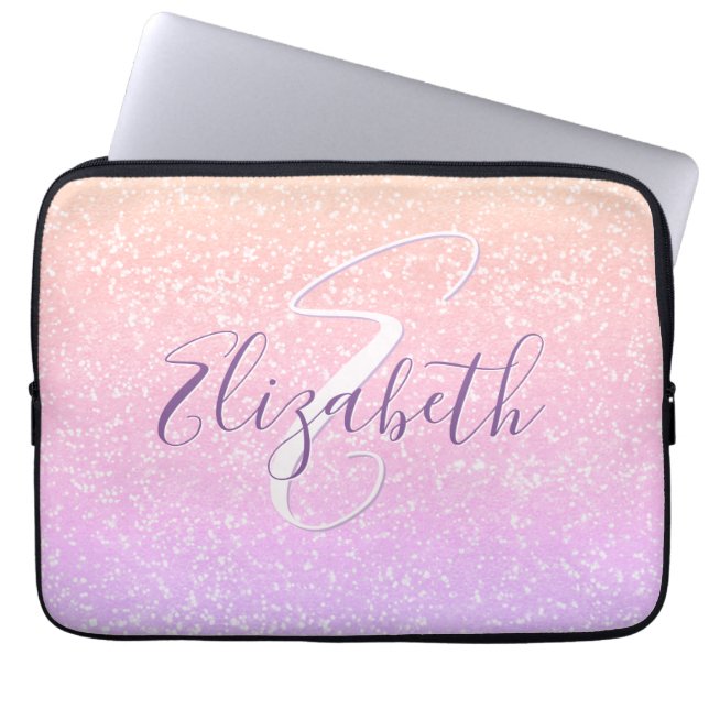 Purple Mauve Peach Sequin Personalized Name Laptop Sleeve (Front)