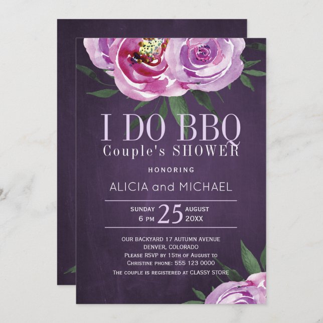 Purple mauve peonies i do bbq couples shower invitation (Front/Back)