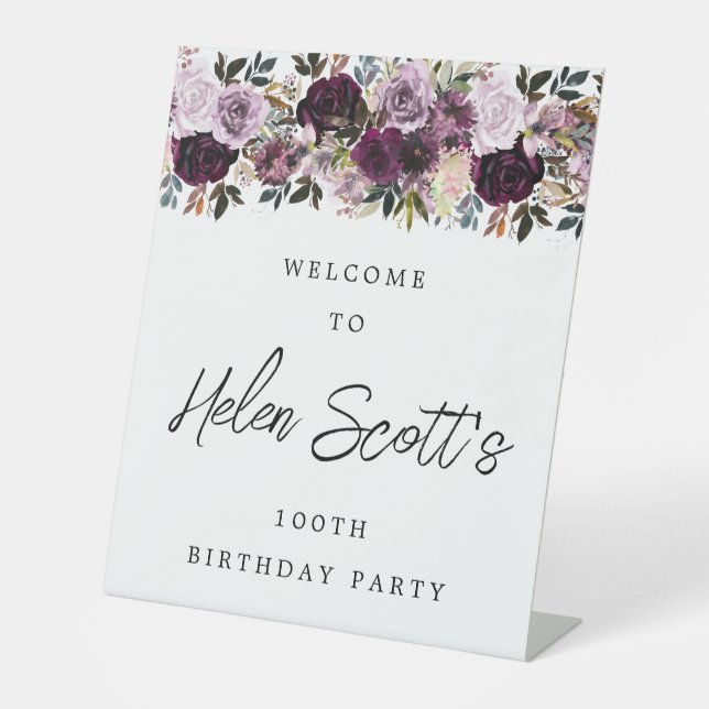 Purple Mauve Pink 100th Birthday Party Welcome Pedestal Sign (Front)