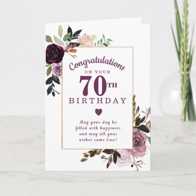 Purple Mauve Pink Floral 70th Birthday Card (Front)