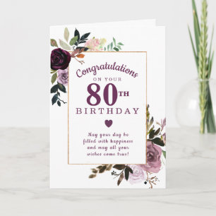 Purple Mauve Pink Floral 80th Birthday Card