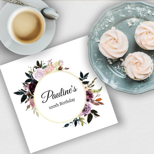 Purple Mauve Rose Floral 100th Birthday Party Napkin (Need more matching party supplies? Message me!)