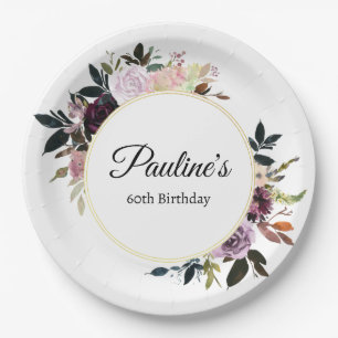 Purple Mauve Rose Floral 60th Birthday Party Paper Plate