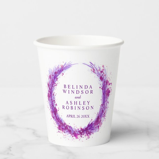Purple mauve splash watercolor wreath wedding  paper cups (Front)