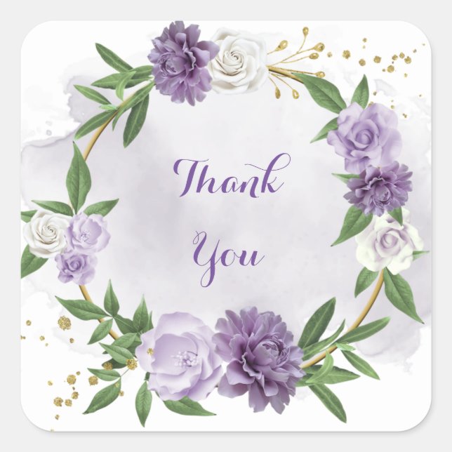 purple mauve white floral gold wreath square sticker (Front)