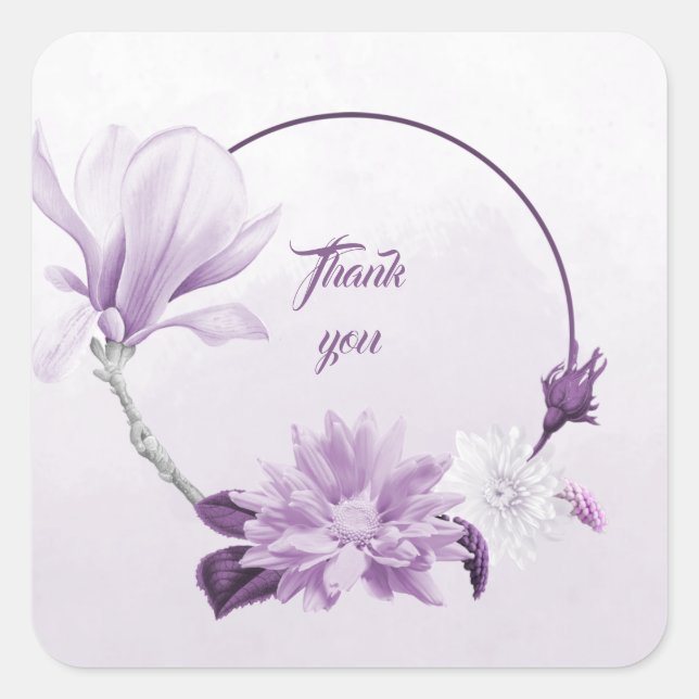 purple mauve & white flowers wreath thank you square sticker (Front)