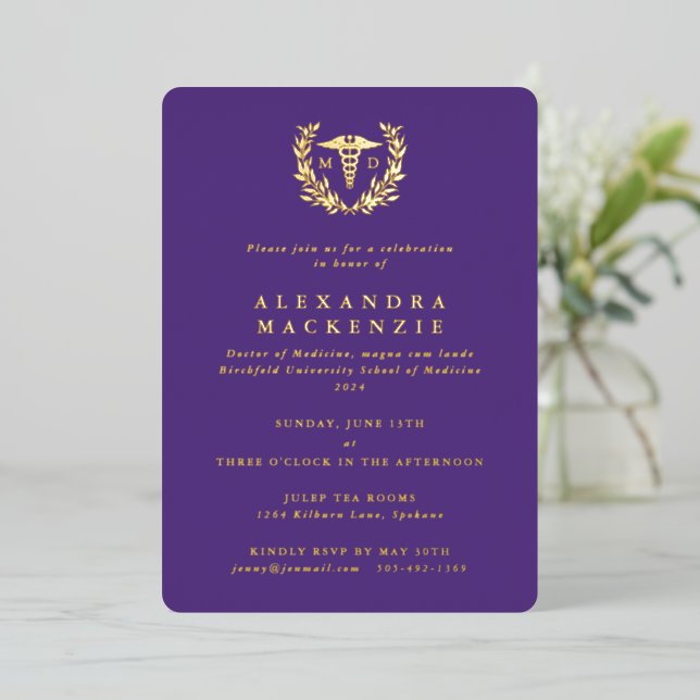 Purple MD Caduceus + Laurel Wreath Graduation (Standing Front)