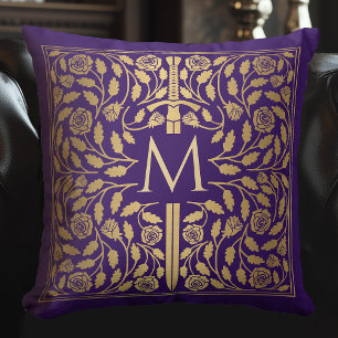 Purple Mediaeval Gold Sword Monogram Throw Pillow