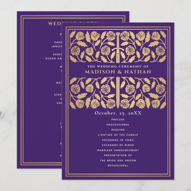 Purple Mediaeval Gold Sword Royal Wedding Programme (Front/Back)