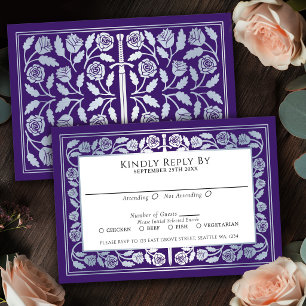 Purple Mediaeval Silver Sword Royal Wedding RSVP Card