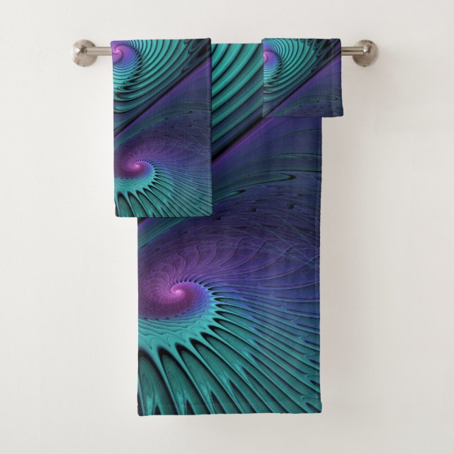 Purple meets Turquoise modern abstract Fractal Art Bath Towel Set (Insitu)