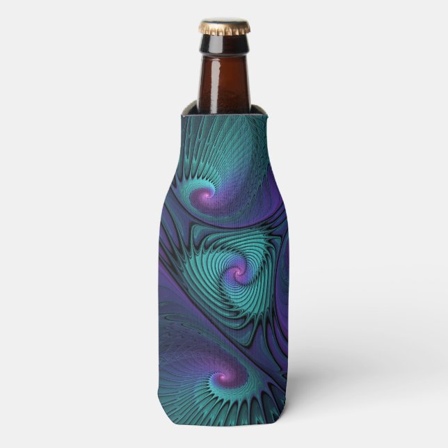 Purple Meets Turquoise Modern Abstract Fractal Art Bottle Cooler (Bottle Front)