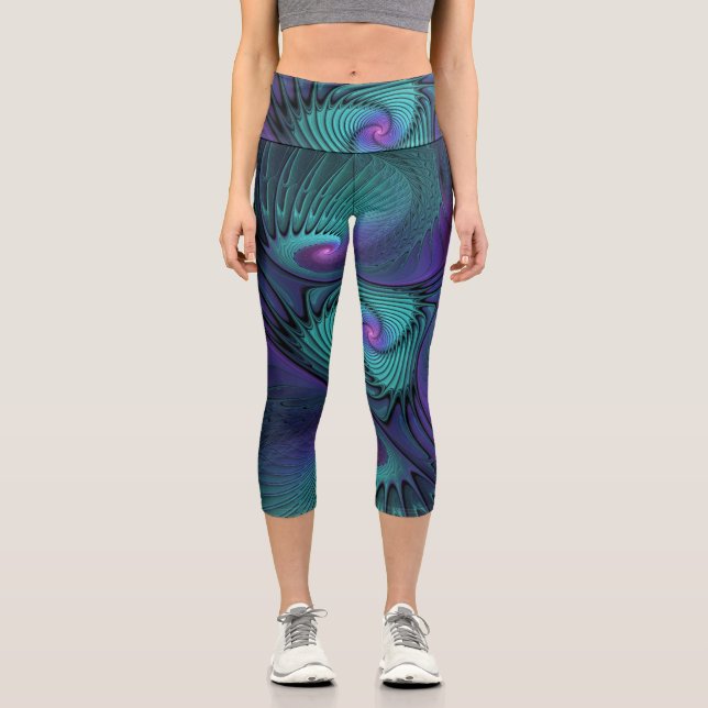 Purple meets Turquoise modern abstract Fractal Art Capri Leggings (Front)