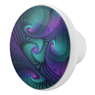 Purple meets Turquoise modern abstract Fractal Art Ceramic Knob