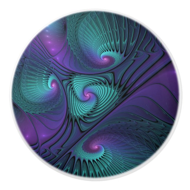 Purple meets Turquoise modern abstract Fractal Art Ceramic Knob (Front)