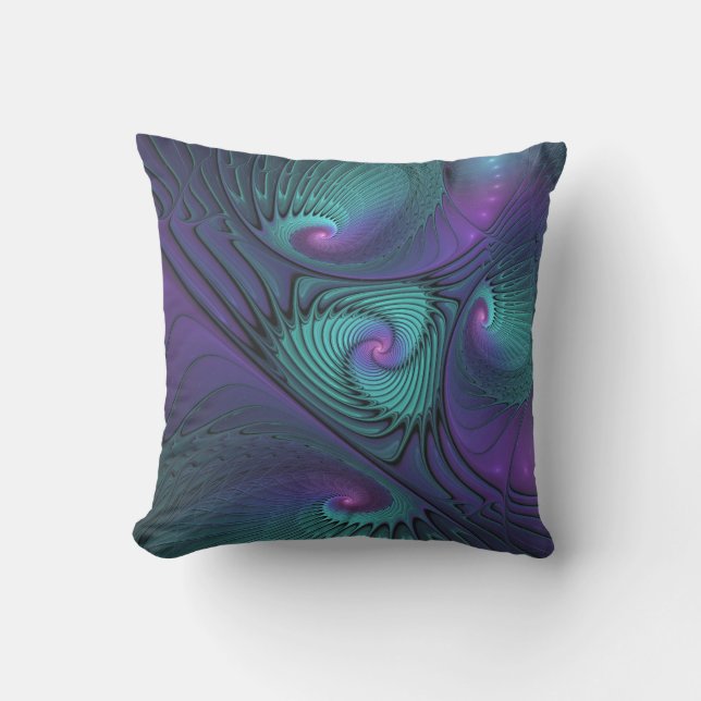Purple Meets Turquoise Modern Abstract Fractal Art Cushion (Front)