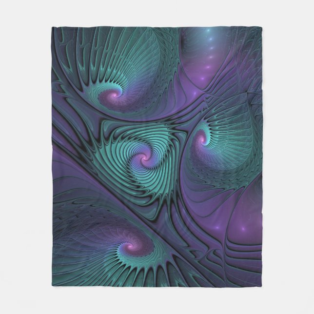 Purple meets Turquoise modern abstract Fractal Art Fleece Blanket (Front)