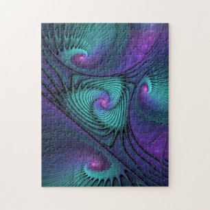 Purple meets Turquoise modern abstract Fractal Art Jigsaw Puzzle