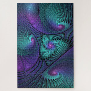 Purple meets Turquoise modern abstract Fractal Art Jigsaw Puzzle
