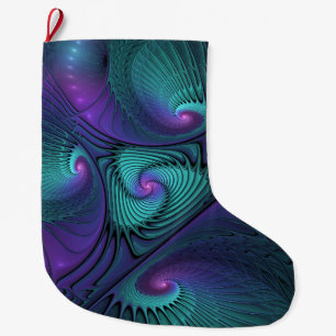 Purple Meets Turquoise Modern Abstract Fractal Art Large Christmas Stocking