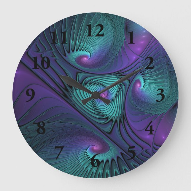Purple meets Turquoise modern abstract Fractal Art Large Clock (Front)