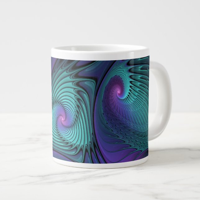 Purple Meets Turquoise Modern Abstract Fractal Art Large Coffee Mug (Front Right)