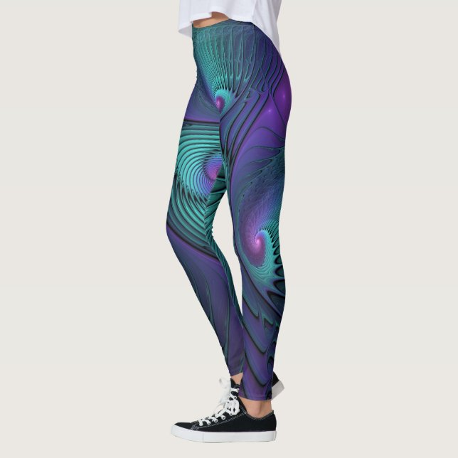 Purple meets Turquoise modern abstract Fractal Art Leggings (Left)
