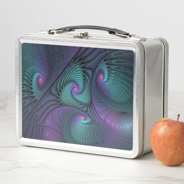 Purple meets Turquoise modern abstract Fractal Art Metal Lunch Box (In Situ)